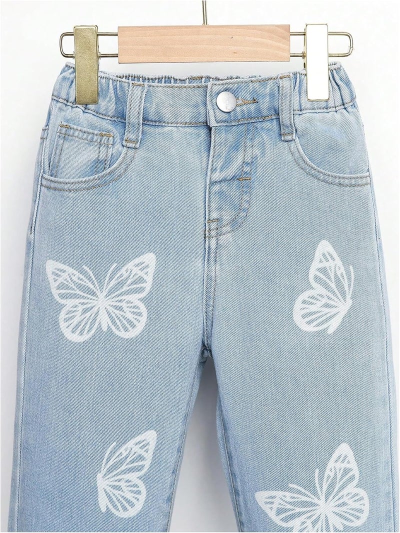 WDIRARA Girls' Butterfly Print Jeans Baggy Denim Pants Elastic Waist Raw Hem Trousers - Image 5